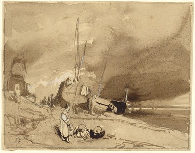 Bord de Plage (Barcos de pesca en una playa, nubes de tormenta a lo lejos) de Eugene Isabey