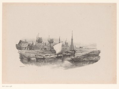 Puerto con barcos y molinos de viento Chapa el Canal Memorias de Eugène Isabey (título de la serie) Souvenirs d