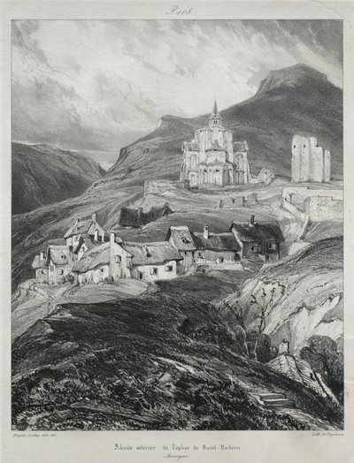 Viajes pintorescos y románticos en la antigua Francia, Auvernia: Ábside de la iglesia de Saint Nectaire de Eugene Isabey