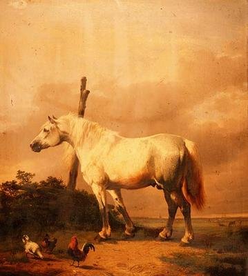 Un caballo de tiro con aves de corral en un paisaje extenso de Eugene Joseph Verboeckhoven