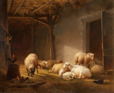 Un granero iluminado por el sol con ovejas, corderos y gallinas de Eugene Joseph Verboeckhoven