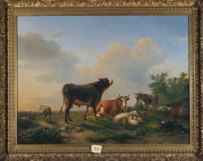 Un toro, una vaca, un burro, una cabra, ovejas y aves de corral en un paisaje extenso, 1849 de Eugene Joseph Verboeckhoven