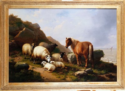 Un pony y ovejas en un acantilado con un velero al fondo, 1868 de Eugene Joseph Verboeckhoven
