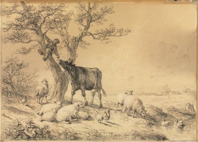 Paisaje con animales y niño en el árbol de Eugene Joseph Verboeckhoven