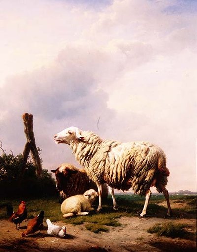 Ovejas y aves de corral en un paisaje de Eugene Joseph Verboeckhoven