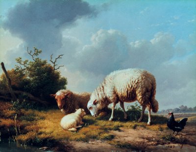 Ovejas y aves de corral en un paisaje, siglo XIX de Eugene Joseph Verboeckhoven