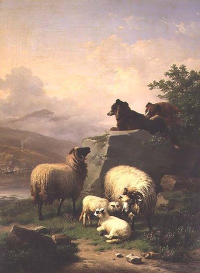 Ovejas y corderos con dos perros en un paisaje fluvial de Eugene Joseph Verboeckhoven