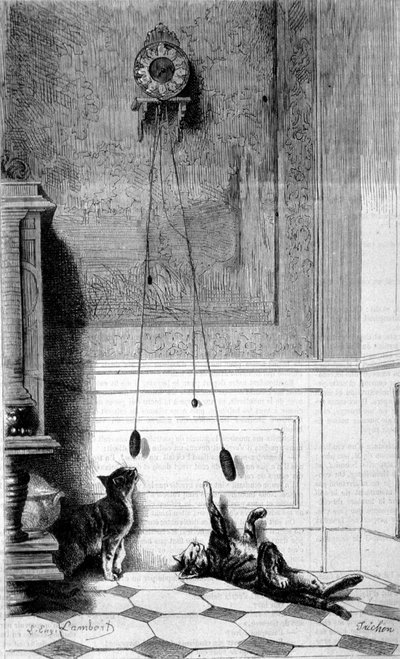 Dos gatitos jugando con un reloj. Ilustración de Eugene Lambert. Grabado de Eugene Lambert