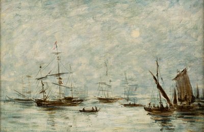 Barcos amarrados en un puerto (óleo sobre lienzo) de Eugene Louis (attr.to) Boudin