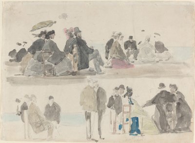 Damas y caballeros en la playa, en dos registros, c. 1865 de Eugene Louis Boudin