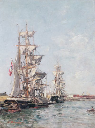 Barcos de tres mástiles en el muelle del puerto de Deauville, c.1888-89 de Eugene Louis Boudin
