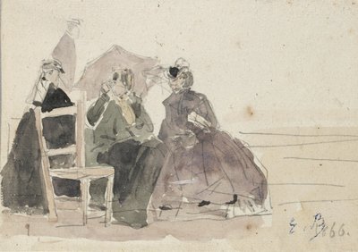 Tres mujeres sentadas en sillas en una playa de Eugene Louis Boudin