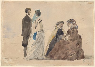 Dos damas sentadas y una pareja caminando en la playa, c. 1866 de Eugene Louis Boudin