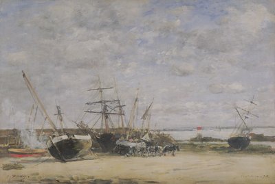 Embarcaciones y Caballos en la Orilla de Eugene Louis Boudin