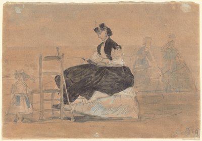 Mujer en crinolina en la playa de Trouville de Eugene Louis Boudin