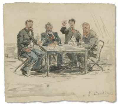À la ferme Saint-Siméon (Jongkind, Émile van Marcke, Claude Monet y "père Achard"), c. 1867 (acuarela y lápiz sobre papel) de Eugene Louis Boudin