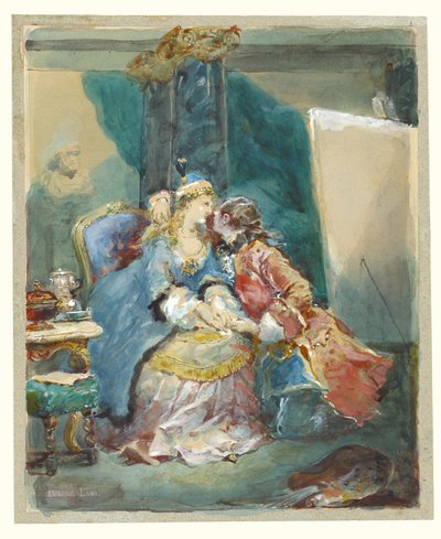 Una pareja se abraza en el estudio de un artista de Eugene Louis Lami