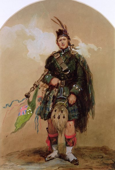 Un gaitero de los Highlanders 79 en el campamento de Chobham en 1853 de Eugene Louis Lami
