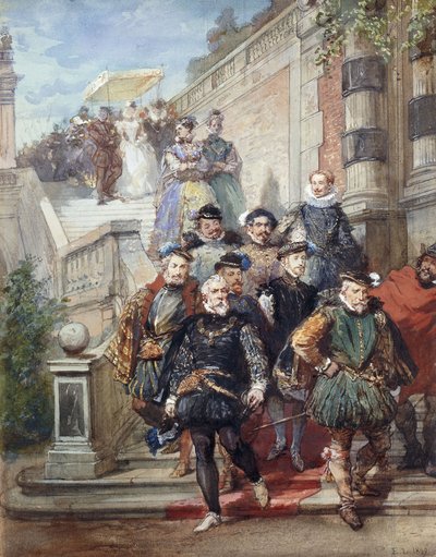Una procesión real descendiendo una escalera en un jardín de Eugene Louis Lami