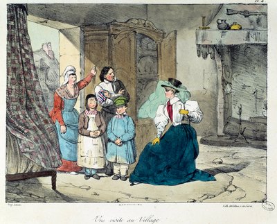Una visita al pueblo. Una mujer rica visita a una familia pobre. Ilustración del libro 