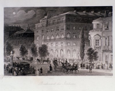 Animación alrededor de los teatros del boulevard des Italiens en París. Grabado por Eugene Louis Lami (1843). Colección privada de Eugene Louis Lami