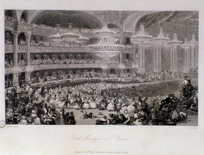 Baile de máscaras organizado en la Ópera de París. Grabado por Eugene Louis Lami (1843). Colección privada de Eugene Louis Lami
