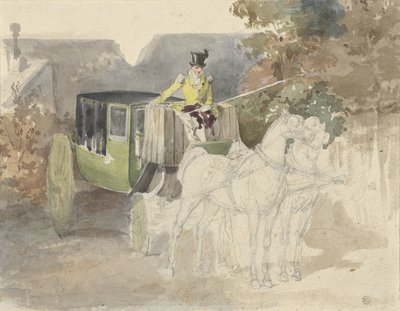 Pareja con dos caballos, en zona boscosa de Eugene Louis Lami