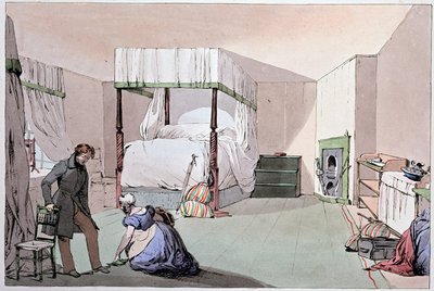 Hostal: un sirviente ayudando a un cliente a ponerse los zapatos. Ilustración de Eugene Louis Lami (1800-1890), mediados del siglo XIX de Eugene Louis Lami