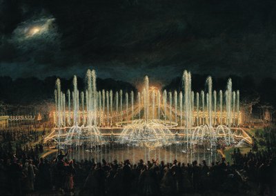Exhibición de fuente iluminada en el Bassin de Neptune en honor al príncipe Francisco de Asís de Borbón (1822-1902) el 21 de agosto de 1864 de Eugene Louis Lami