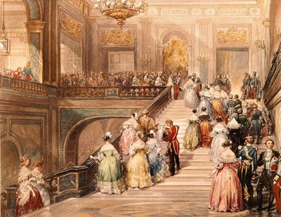 El rey Luis Felipe I (1773 - 1850) y la reina María Amalia de Borbón (1782 - 1866) recibieron a los invitados con motivo de la inauguración del Museo de Versalles en 1837. Ilustración de Eugène Lami (1800 - 1890) de Eugene Louis Lami