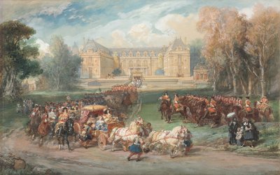 Luis XIV conduciendo su carroza en el parque de Versalles de Eugene Louis Lami