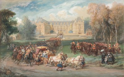 Luis XIV conduciendo su carruaje en el Parque de Versalles, 1870 de Eugene Louis Lami
