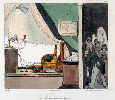 Diversión nocturna. Los niños tienen miedo de asustar a una persona leyendo en la cama. Ilustración del libro “La vie de chateau”. de Eugene Louis Lami