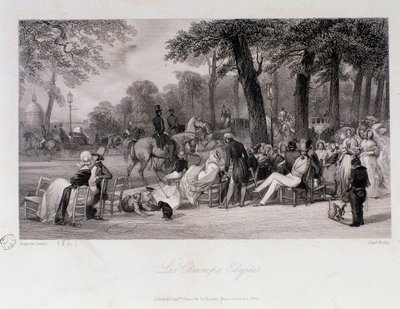 Pasajeros y caminantes en los Campos Elíseos en París. Grabado de Eugene Louis Lami (1800-1890) 1841. Colección privada de Eugene Louis Lami