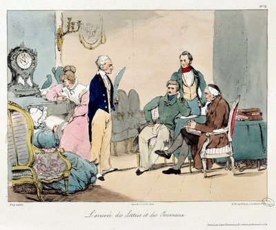 La llegada de cartas y periódicos. Ilustración del libro “La vie de chateau”. Grabado de Eugene Louis Lami (1800-1890) de Eugene Louis Lami