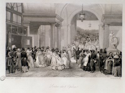 El público tiene la salida de la Ópera en París. Grabado por Eugene Louis Lami (1800-1890) 1842 Colección privada de Eugene Louis Lami
