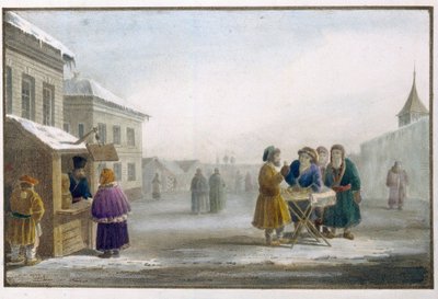 Vendedor ambulante de tabaco delante de un estanco en Rusia. Obra de Eugene Pluchart (1809-1880), litografía y acuarela de Eugéne Pluchart