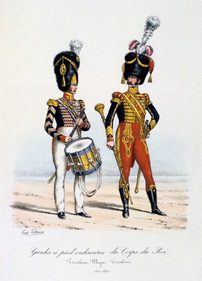Guardias a pie ordinarios del Cuerpo del Rey, Tambor Mayor y Tamborilero, 1822-30 de Eugene Titeux