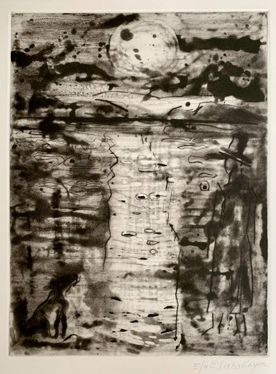 Mirando la luna, 2023 (aguafuerte, punta seca, mordida de saliva) de Eugenie Vronskaya