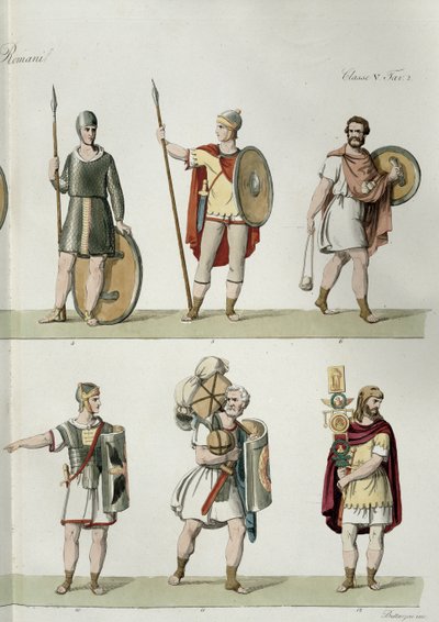 Soldados romanos, detalle de la placa 2, clase 5 de la Parte I de La Historia de las Naciones, grabado por Buttazon de Eugenio Bosa