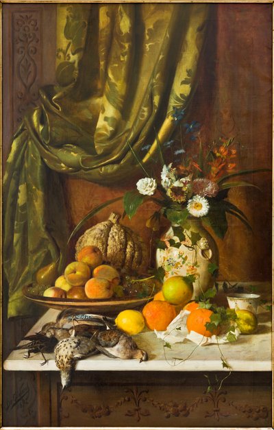 Flores, frutas y caza (óleo sobre lienzo) de Eugenio De Giacomi