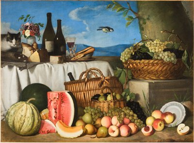 Bodegón con gato y pájaro (óleo sobre lienzo) de Eugenio De Giacomi