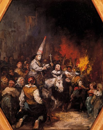 Condenados por la Inquisición. Los condenados llevan capirotes, sombrero puntiagudo en forma de cono de Eugenio Lucas Velázquez