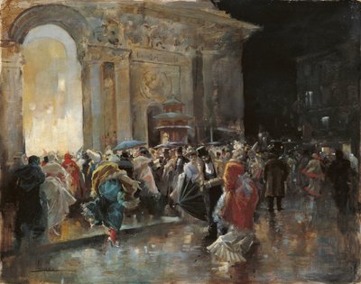 Llegando al teatro en una noche de baile de máscaras - Lucas Villaamil, Eugenio (1858-1919) - c. 1895 - Óleo sobre madera - 31x40 - Museo Carmen Thyssen, Málaga de Eugenio Lucas Villaamil