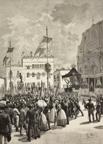 Inauguración del monumento a Víctor Manuel II (1820-1878), primer rey de Italia, en presencia de Umberto I (1844-1900), rey de Italia, estatua de Eugenio Maccagnani (1852-1930), Lecce, Italia. de Eugenio Maccagnani