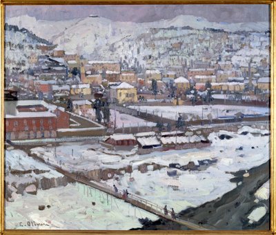 Vista de Génova bajo la nieve, Italia de Eugenio Olivari