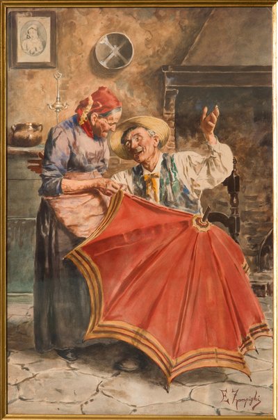 Interior con dos personas (acuarela) de Eugenio Zampighi
