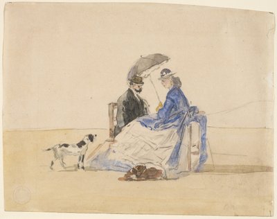 Una Pareja Sentada en la Playa con Dos Perros de Eugène Boudin