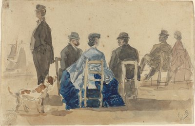 Damas y caballeros sentados en la playa con un perro de Eugène Boudin