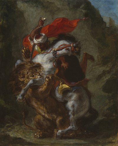 Jinete árabe atacado por un león de Eugène Delacroix